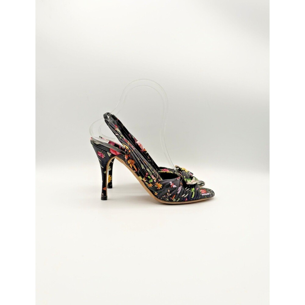 Gucci Black Satin Floral Slingback Heels Peep Toe Bow Accent Size EU 36